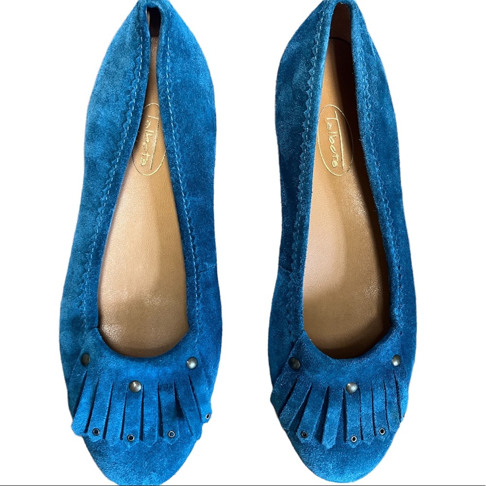 Talbots teal suede fringe studded kitten heel flats slip on size 7.5